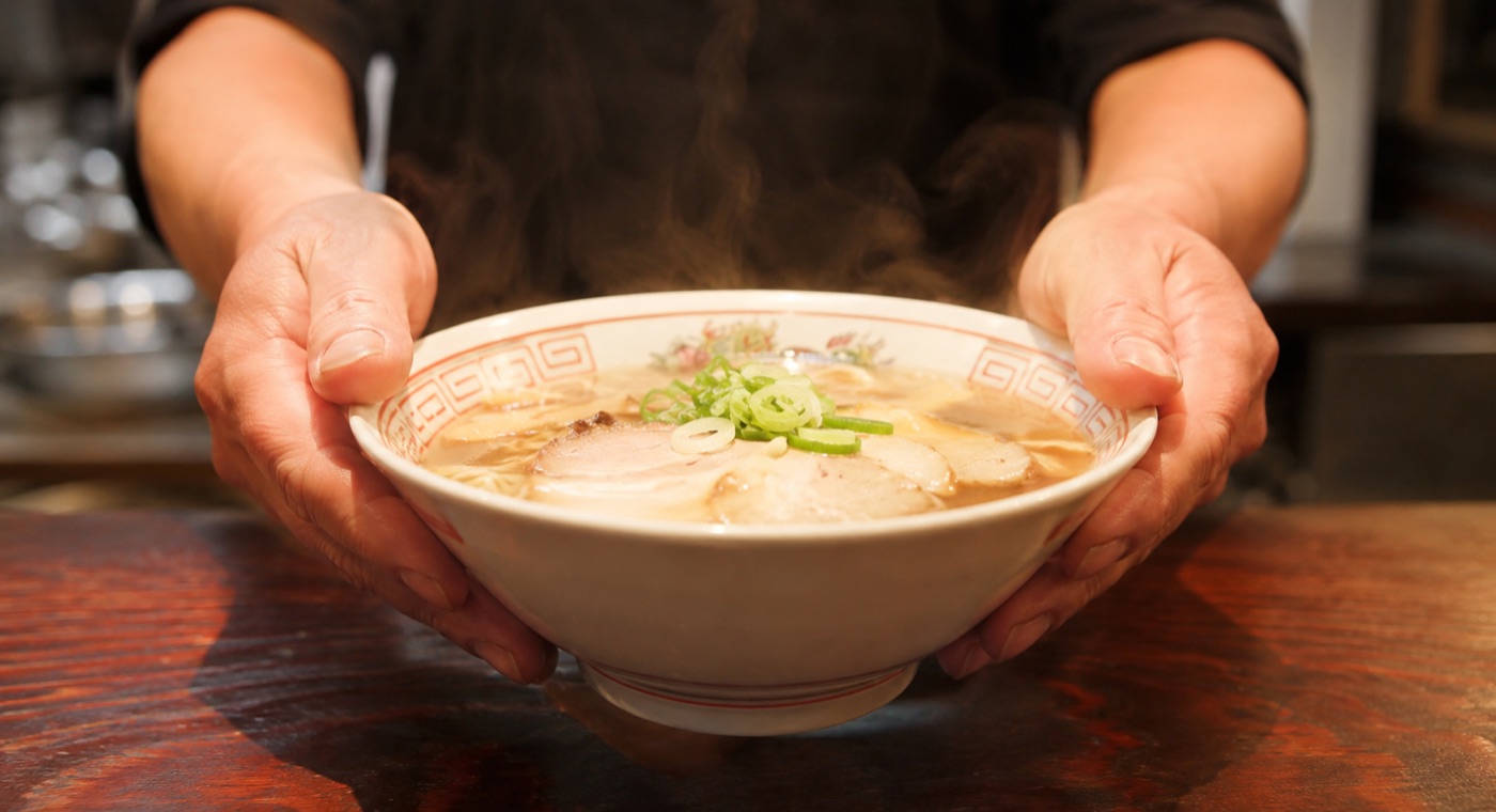 湯気の立つラーメンの丼を、両手でカウンター越しに差し出す手元