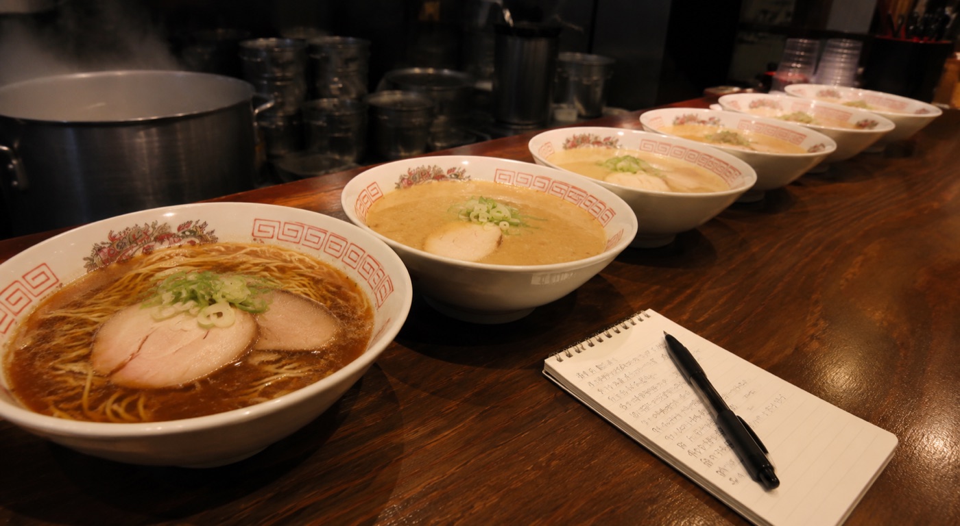 カウンターに並んだ、スープの色が少しずつ違う試作のラーメンと、書き込まれたノート