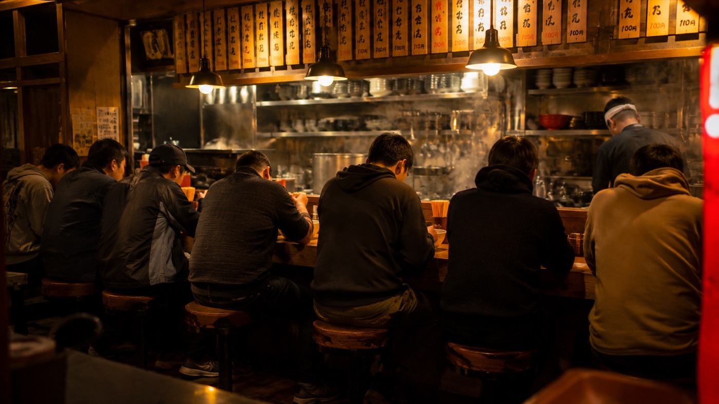 にぎわうラーメン店のカウンター。お客さんで満席