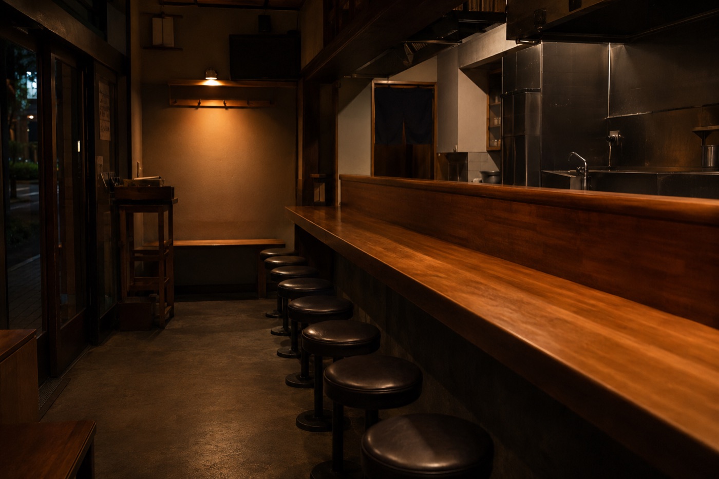営業を終え、片付いた静かな店内。常夜灯だけが灯っている