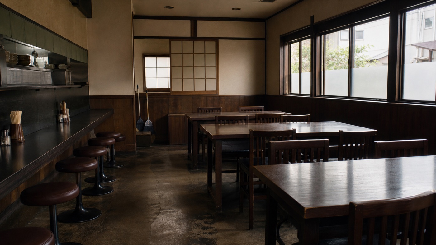 定休日の、誰もいない店内。窓から昼の光が入り、壁に掃除道具が立てかけてある