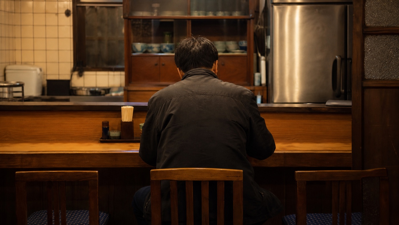昔ながらの定食屋のカウンターで、ひとりで食事をする男性の後ろ姿