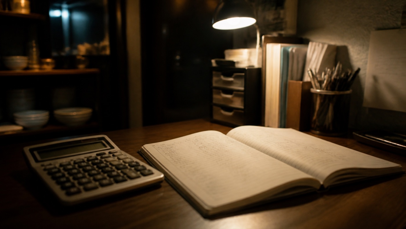 夜の事務スペース。電卓と、数字が書き込まれたノート