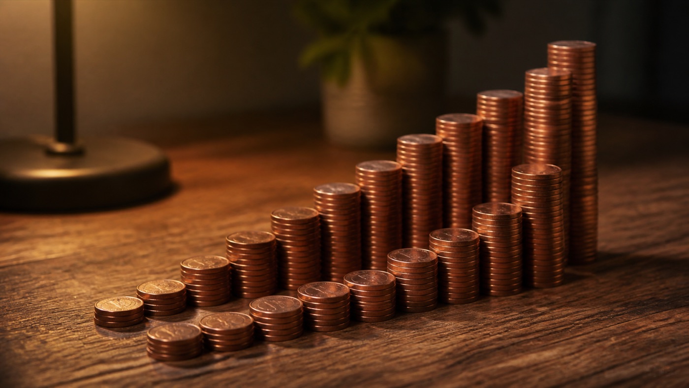 銅色の硬貨が、手前から奥へ、階段のように積み上がっている