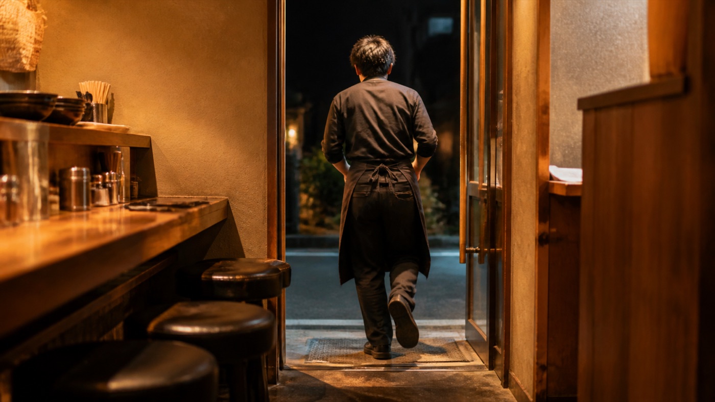 夜、店の出入口から外へ出ていくスタッフの後ろ姿。店のあたたかい光が背中を照らす