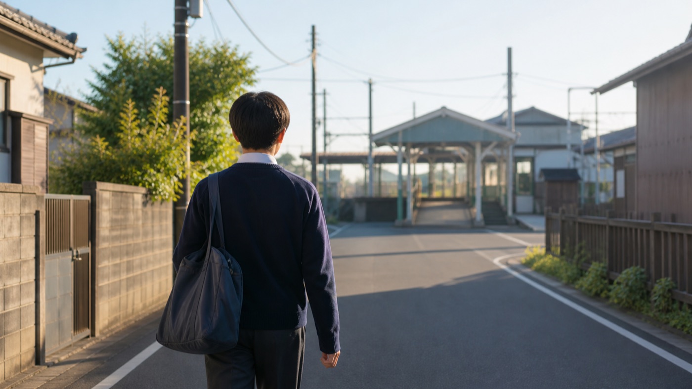 朝の光の中、駅に向かって歩いていく学生の後ろ姿