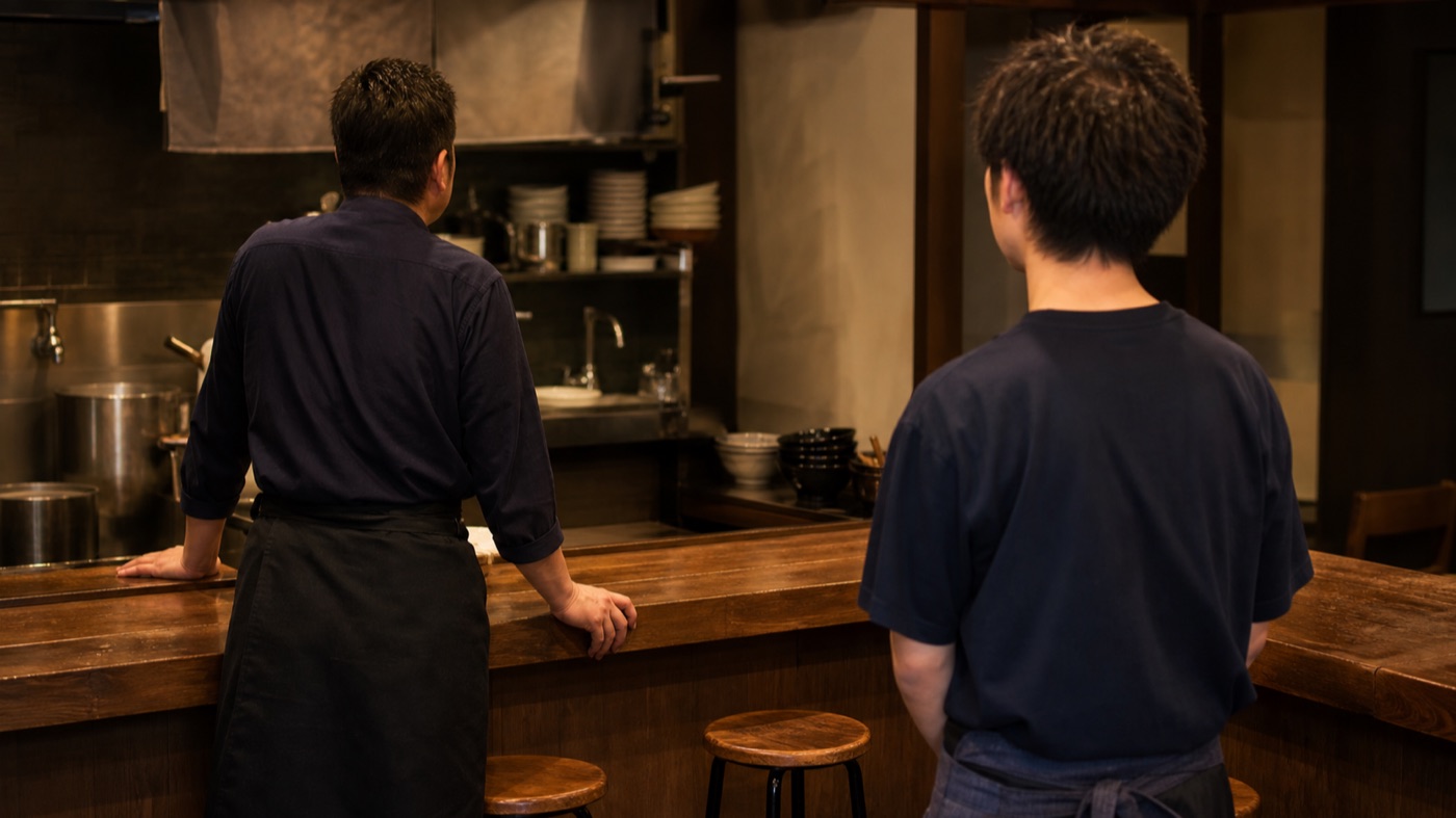 閉店後の店内で、カウンターの前に立って話す、店主と若いスタッフの後ろ姿