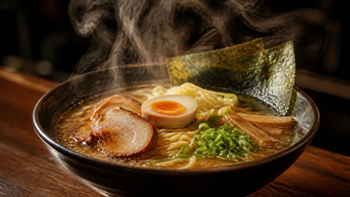 湯気が勢いよく立ちのぼる、できたてのラーメン