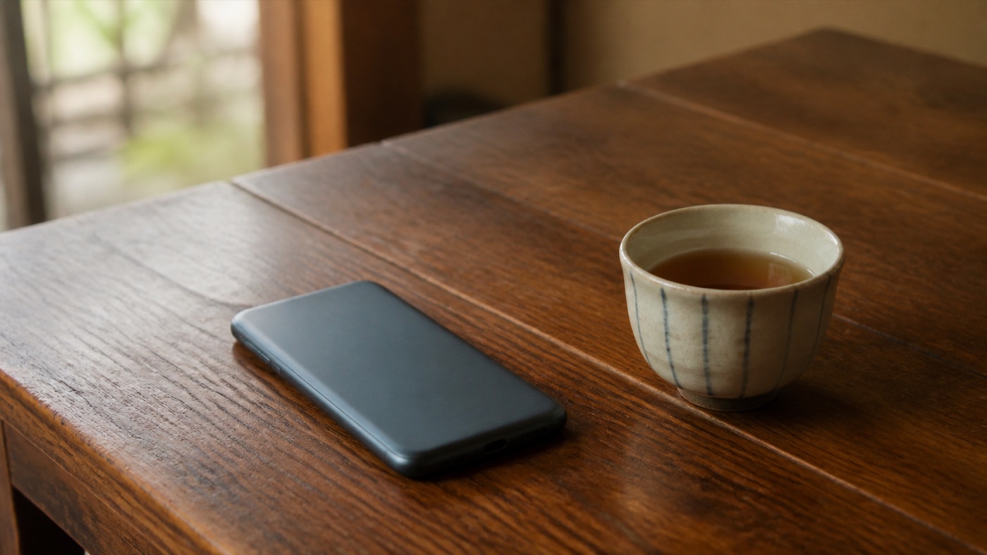木のテーブルに伏せて置かれたスマートフォンと、湯呑みのお茶