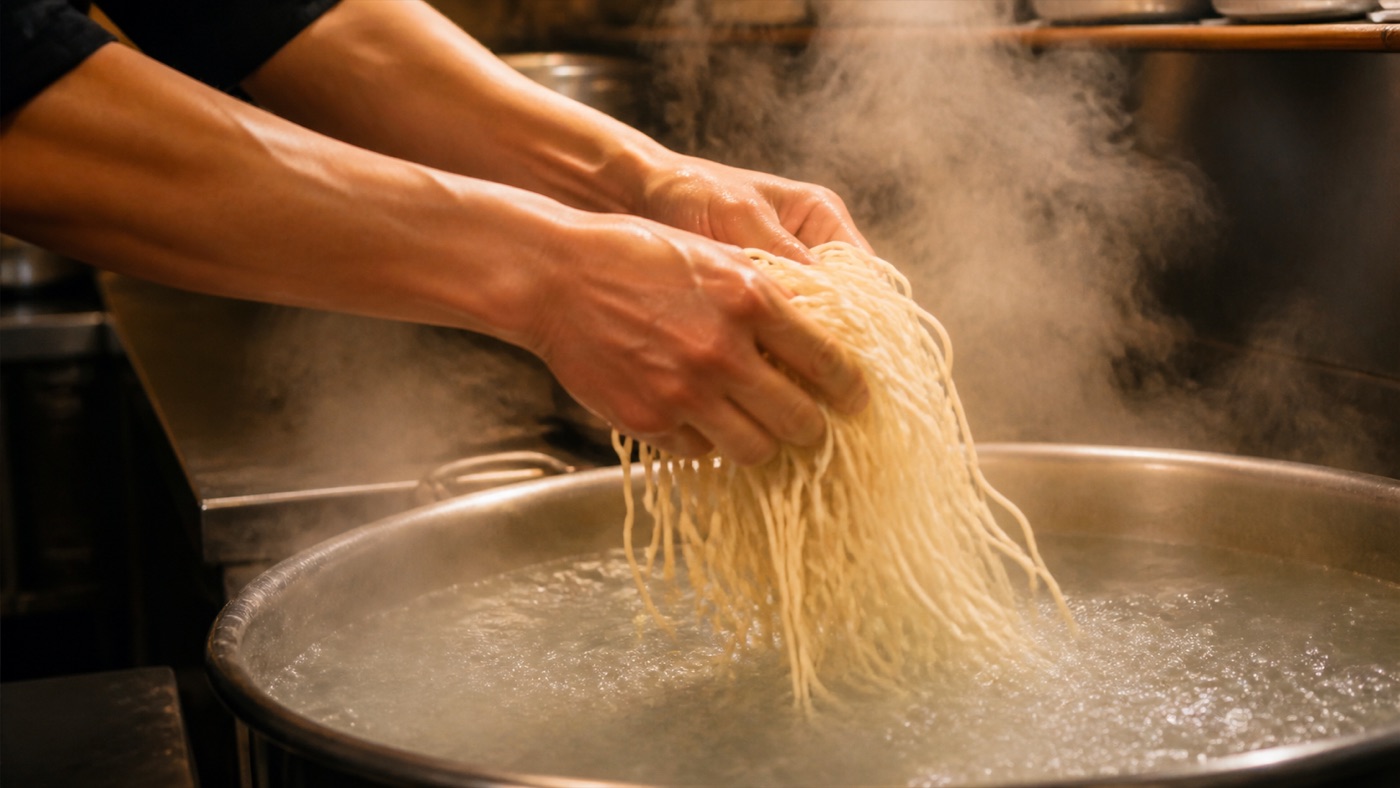 熱湯の鍋に、生麺を入れる瞬間の手元