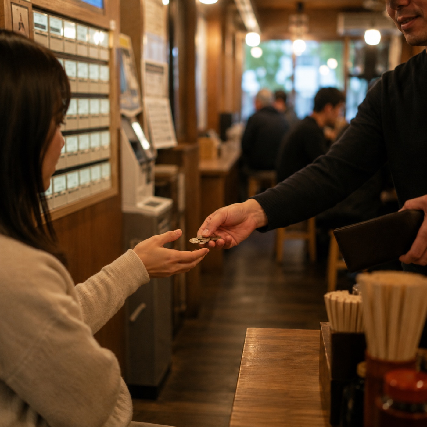 券売機の前で、お釣りの小銭を、手から手へ渡す瞬間